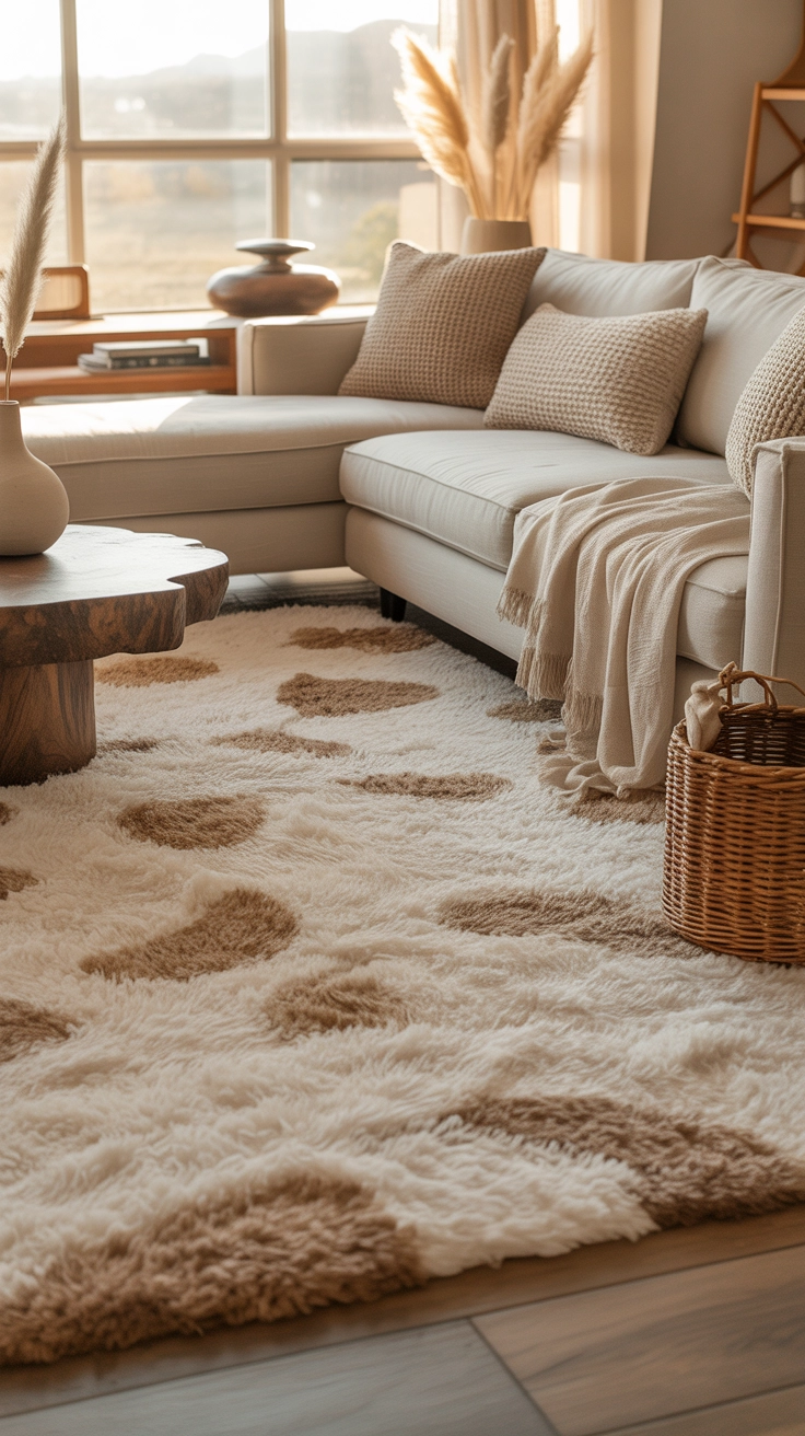 modern living room with large cozy area rug, neutral sofa, soft textures, warm natural light, Pinterest interior design aesthetic