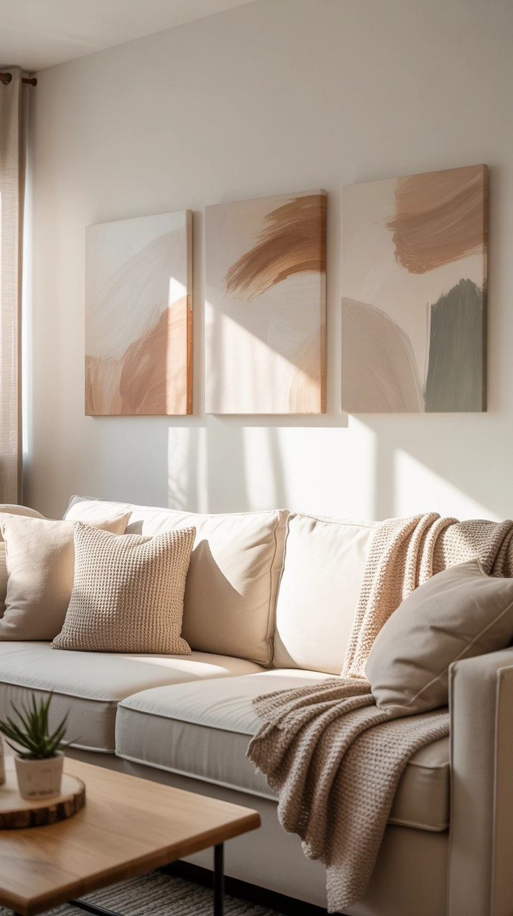 DIY wall art in cozy living room, handmade canvas paintings, modern minimal decor, warm neutral tones, Pinterest aesthetic interior