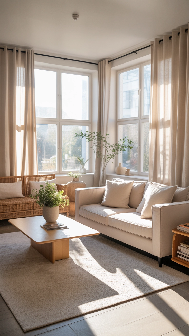 Bright airy living room with light flowing curtains, natural sunlight through large windows, neutral sofa, cozy modern decor, Pinterest aesthetic interior photography