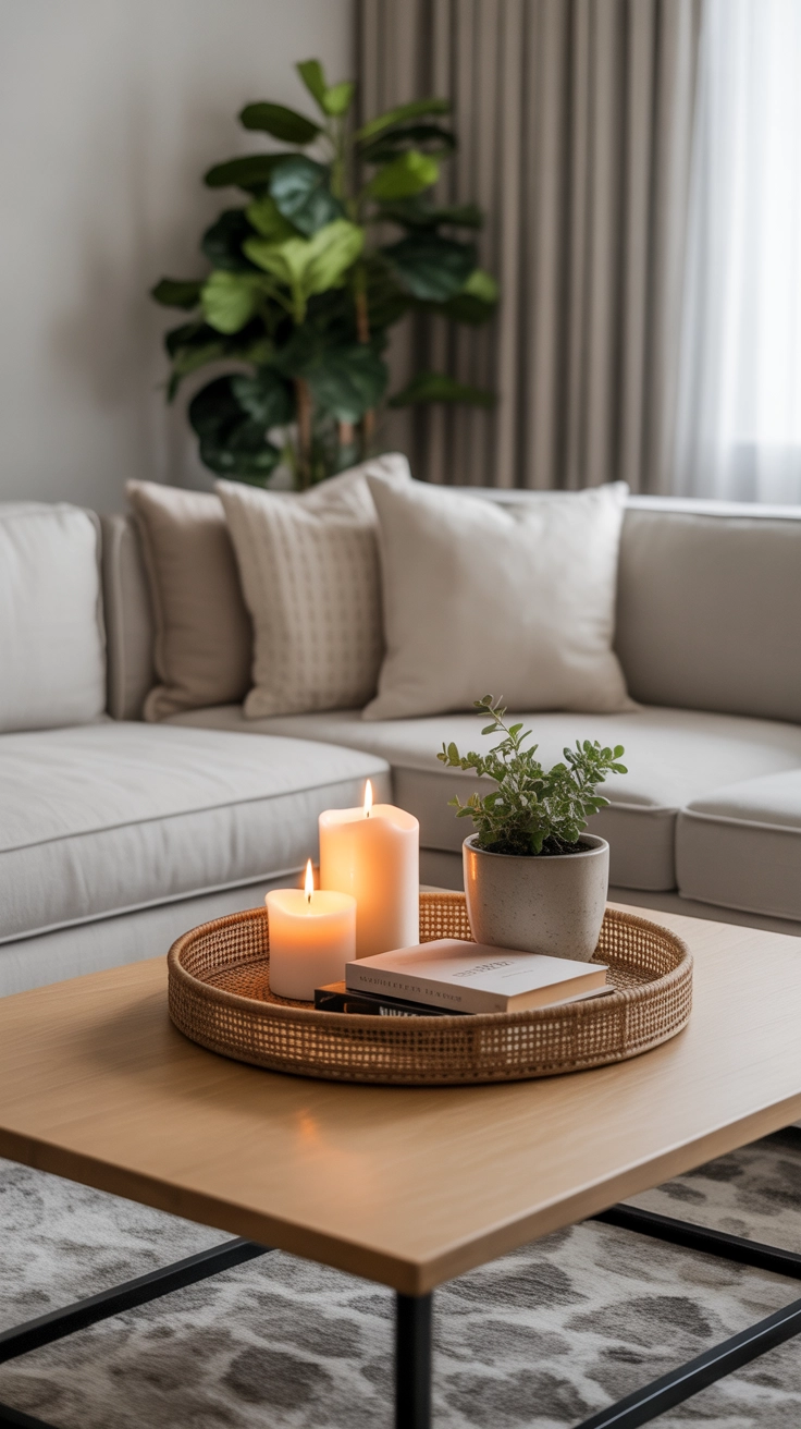 stylish living room coffee table with decorative tray holding candles, books, and small plant, cozy neutral decor, Pinterest interior styling photography