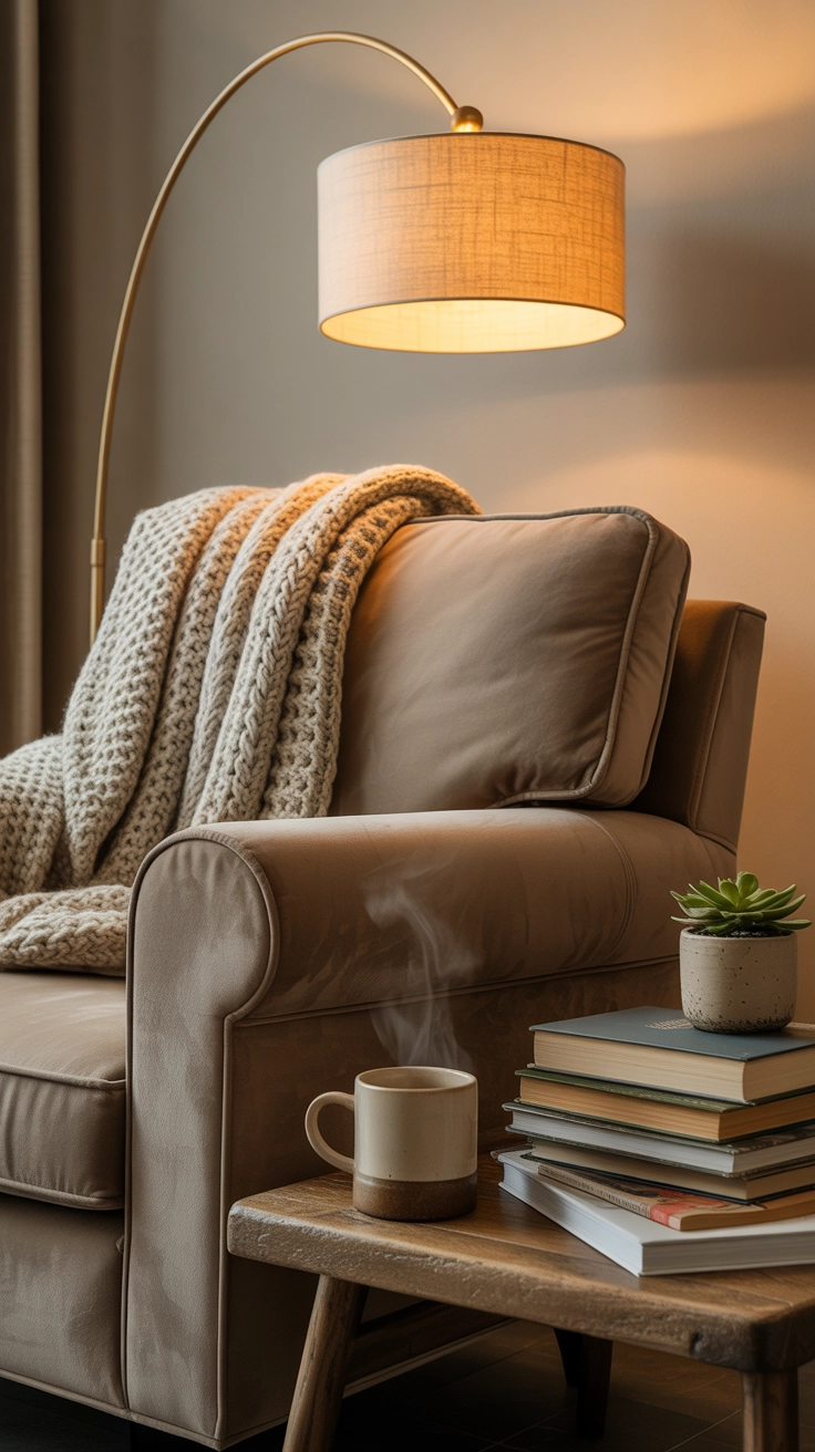 cozy reading corner in living room with armchair, soft blanket, floor lamp, small side table with books, warm lighting, Pinterest home decor aesthetic