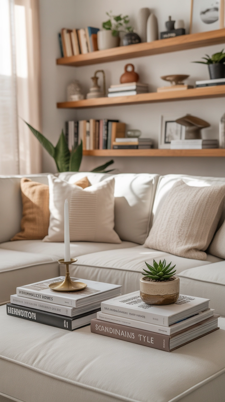 modern living room with stacked coffee table books, stylish shelf display, neutral tones, cozy sofa, Pinterest aesthetic interior styling