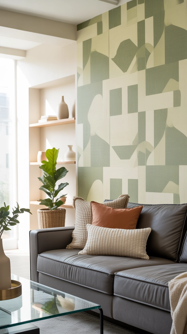 living room accent wall with peel-and-stick wallpaper, stylish sofa, modern decor, bright natural lighting, Pinterest home interior photography