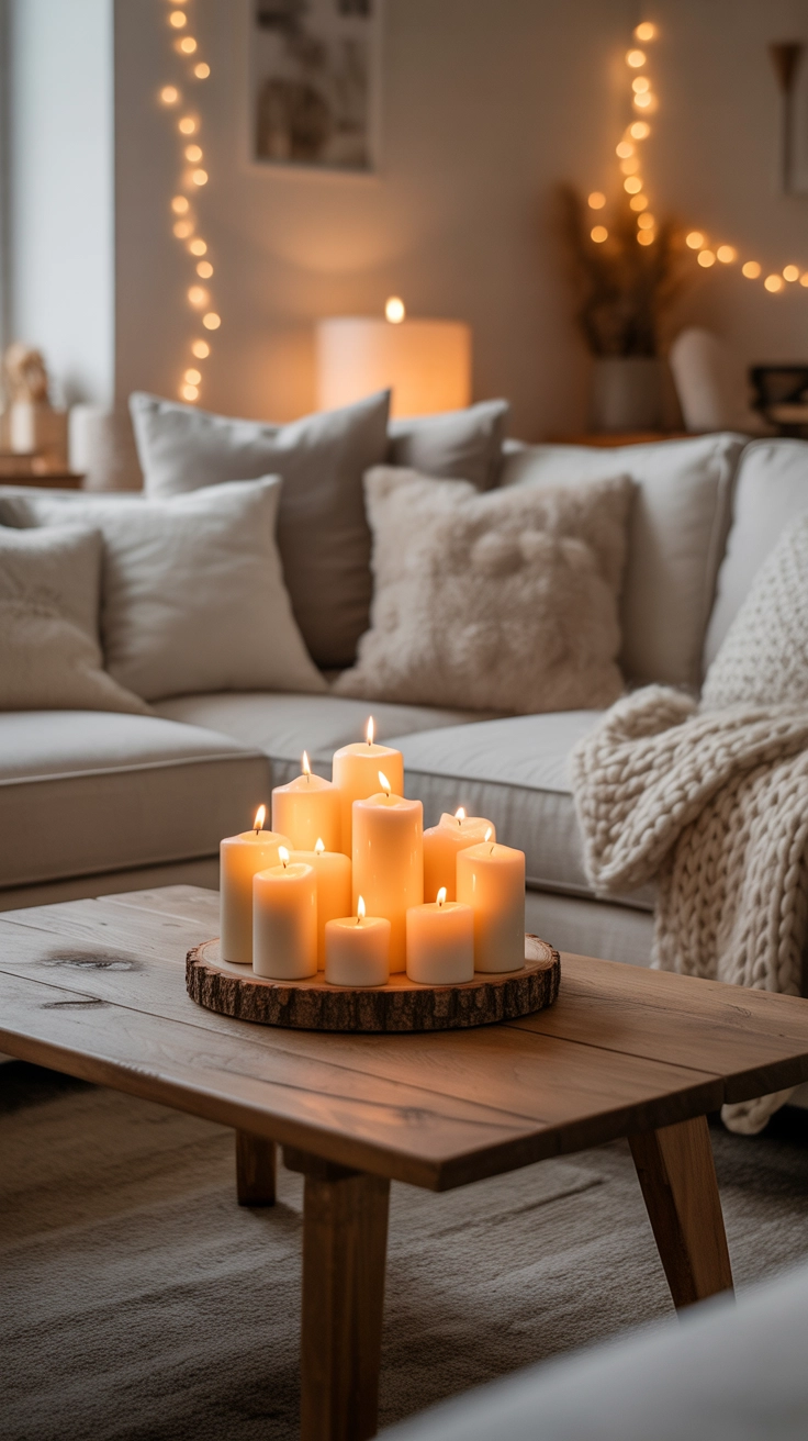 cozy living room with decorative candles on coffee table, warm glowing lights, soft neutral decor, Pinterest aesthetic interior