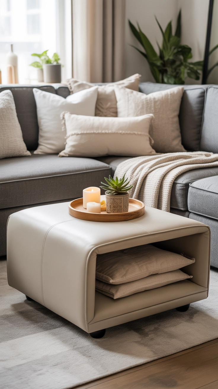 small living room with multifunctional ottoman storage, cozy sofa, neutral decor, modern Pinterest home interior style