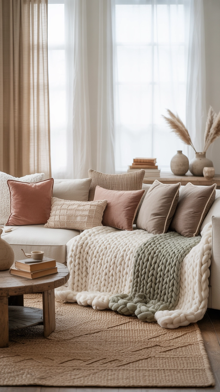 cozy living room with layered textures, knit blankets, velvet pillows, woven rug, neutral tones, Pinterest aesthetic decor photography