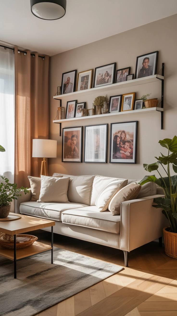 warm living room with framed family photos on shelves and wall, cozy sofa, natural lighting, Pinterest lifestyle home decor photography