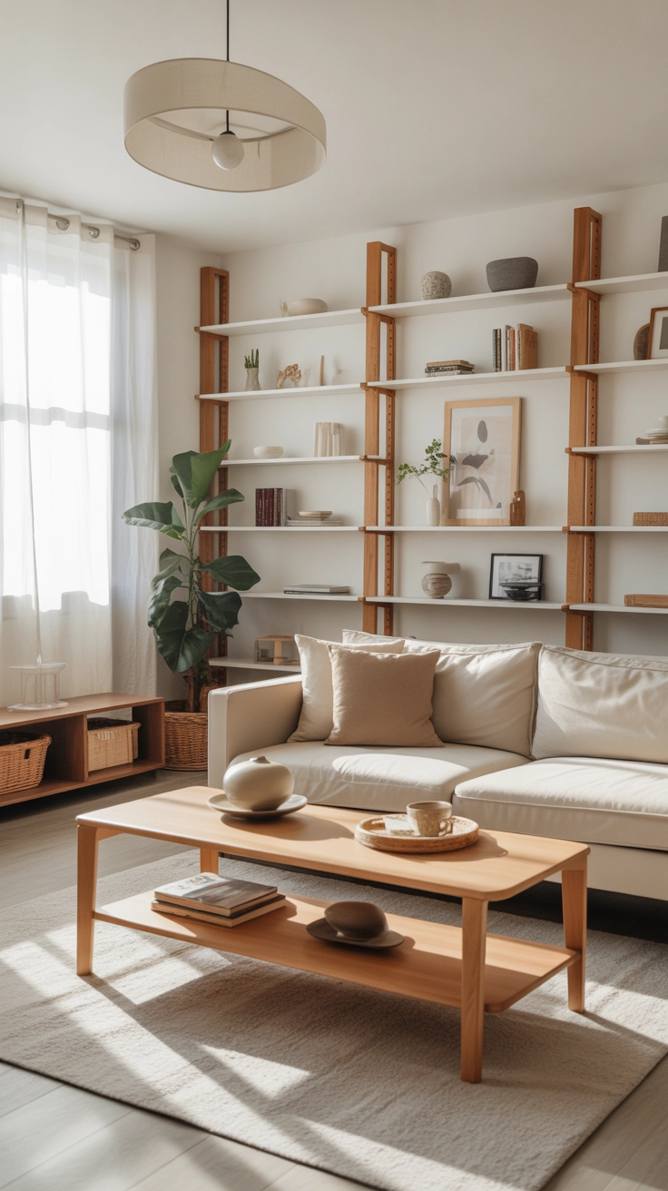 minimalist tidy living room, clean coffee table, organized shelves, neutral decor, bright natural light, Pinterest aesthetic home interior