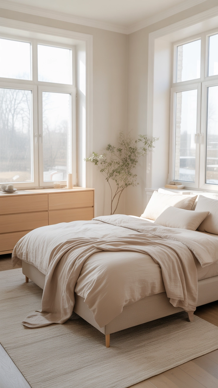 A bright modern minimalist bedroom with neutral tones, beige bedding, light wood furniture, soft natural light through large windows, clean lines, cozy textures, Pinterest aesthetic, lifestyle photography, high detail