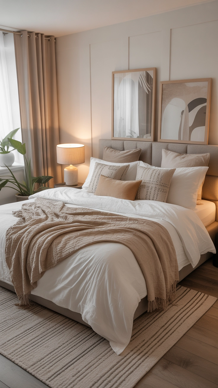 A cozy modern bedroom with layered bedding, fluffy duvets, textured blankets, decorative pillows, warm lighting, neutral color palette, stylish modern bed setup, Pinterest aesthetic