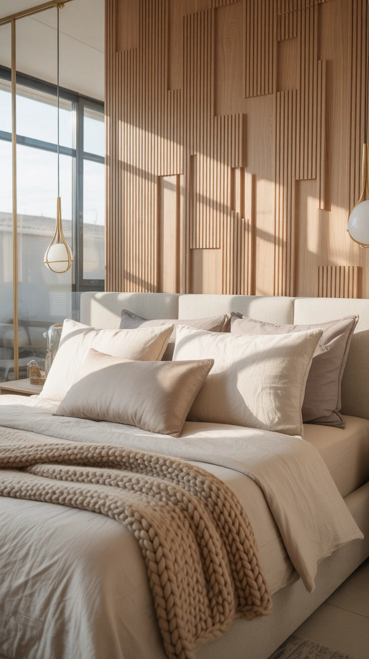 A modern bedroom with a stylish accent wall behind the bed, textured wall paneling, soft neutral bedding, contemporary lighting, aesthetic modern interior design, Pinterest-style photography