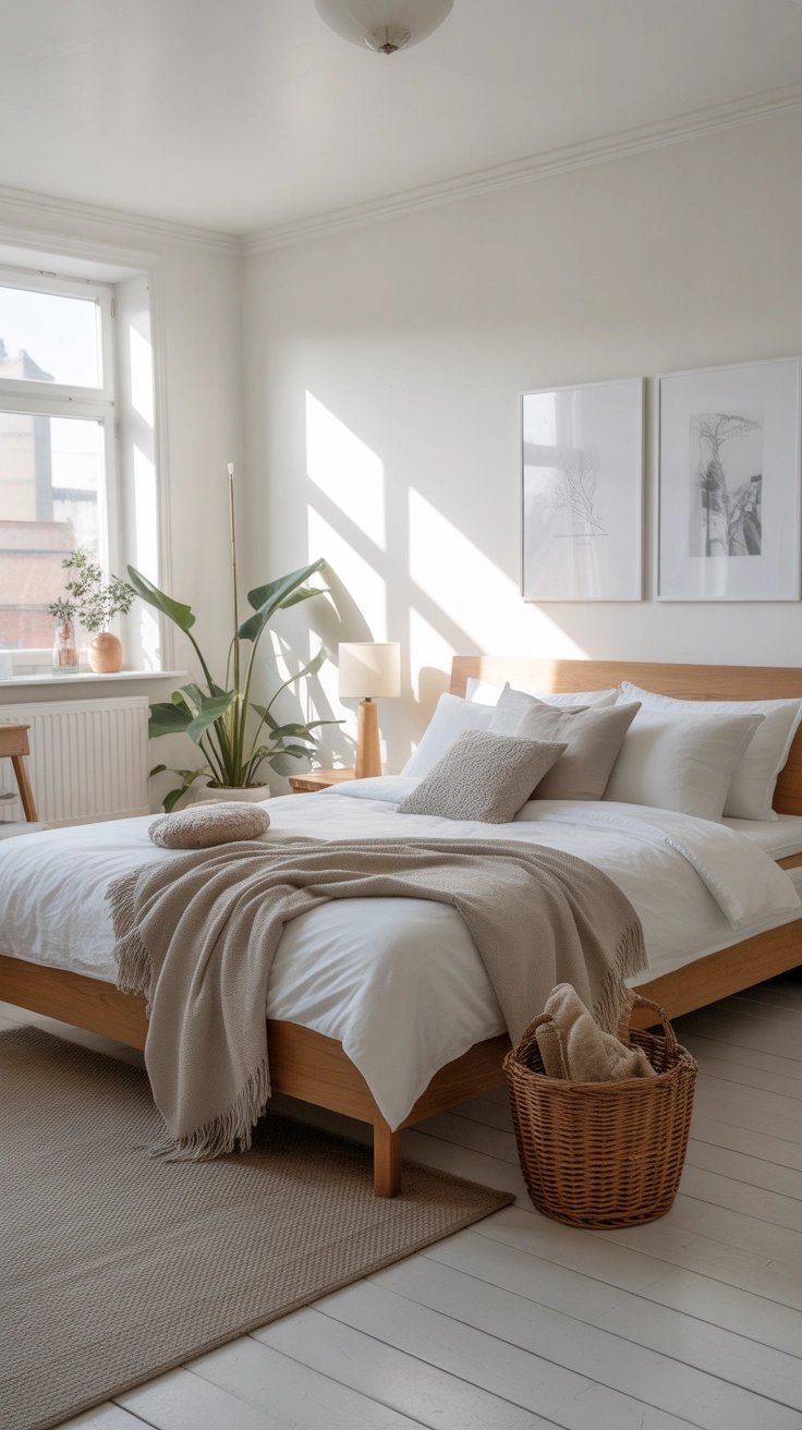 A Scandinavian style bedroom with white walls, light wood furniture, cozy blankets, minimal decor, natural sunlight, plants, airy aesthetic, Pinterest interior photography