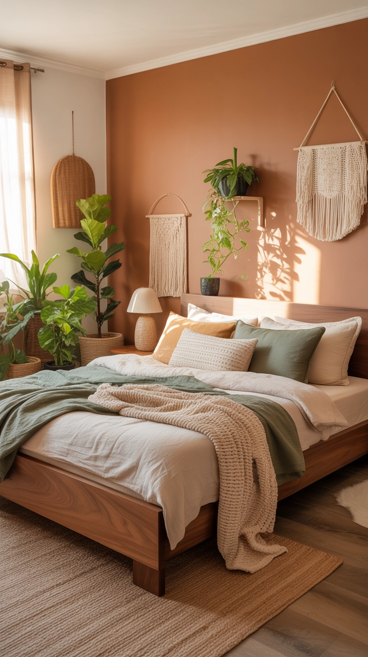 A modern earthy bedroom with terracotta tones, warm wood furniture, linen bedding, plants, cozy natural textures, Pinterest aesthetic interior