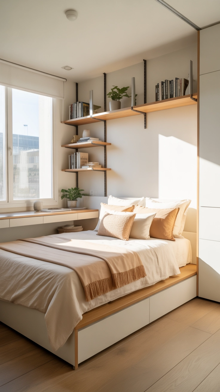 A stylish small modern bedroom with space-saving furniture, neutral colors, floating shelves, cozy bedding, smart layout, bright natural lighting