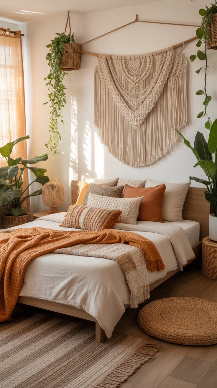 A modern boho bedroom with macrame wall hanging, warm textures, layered bedding, plants, woven decor, soft natural lighting, Pinterest aesthetic