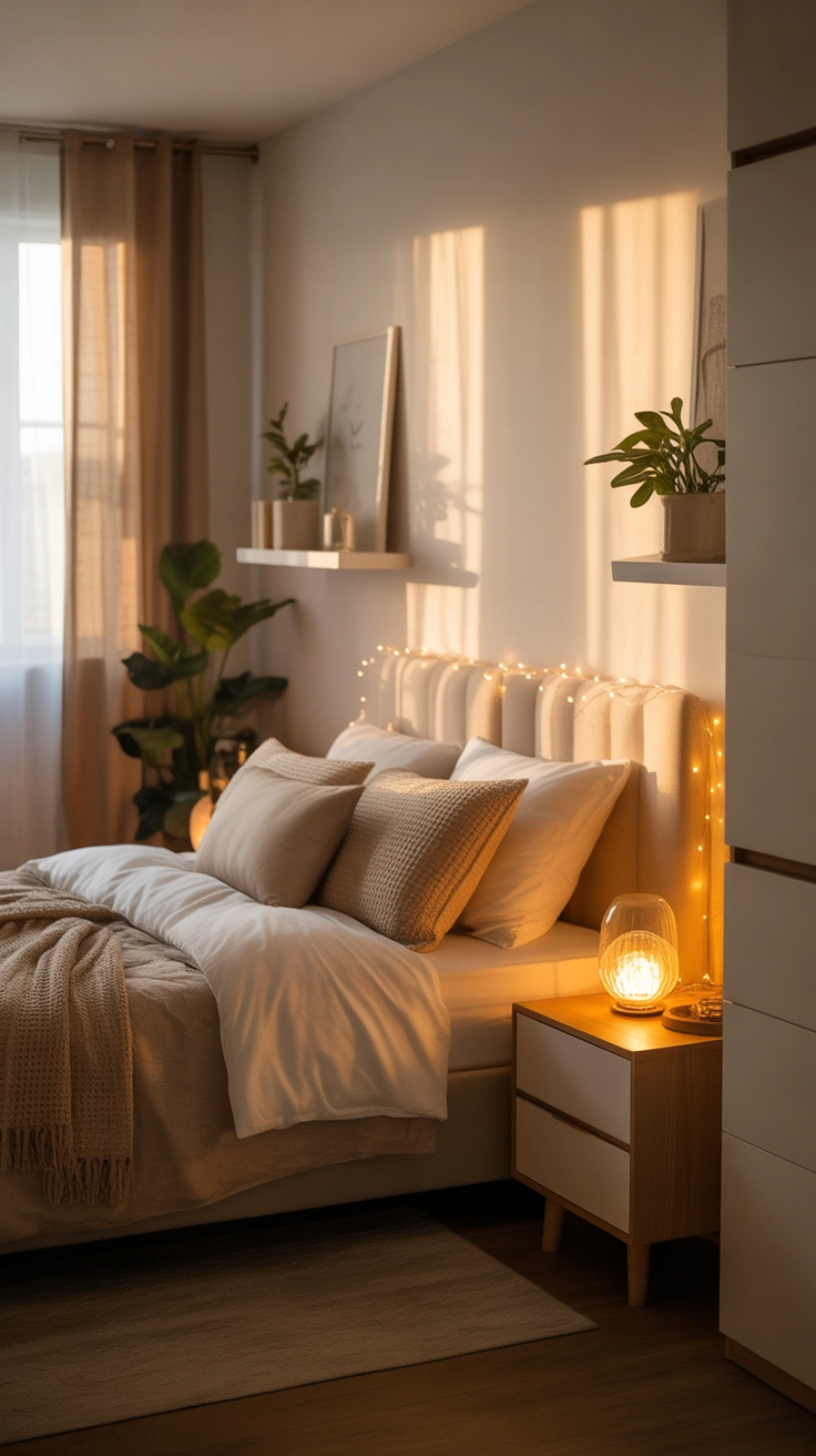 A cozy modern bedroom with soft warm lighting, fairy lights, bedside lamps, calming atmosphere, neutral decor, Pinterest aesthetic interior