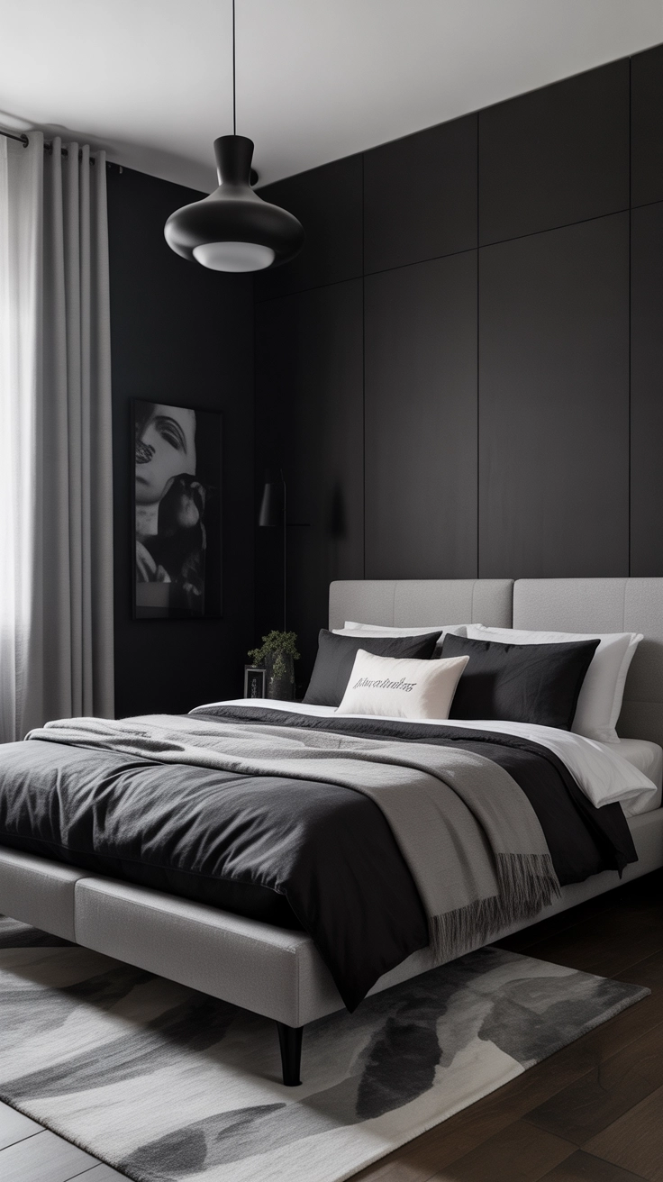 A stylish monochrome modern bedroom with black, white, and gray color palette, sleek furniture, minimal decor, soft bedding, modern pendant lighting, dramatic contrast, Pinterest aesthetic interior photography, high detail