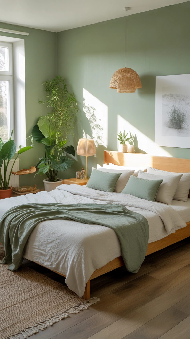A calming nature-inspired modern bedroom with indoor plants, wooden furniture, linen bedding, soft green tones, natural sunlight, organic textures, Pinterest aesthetic interior design