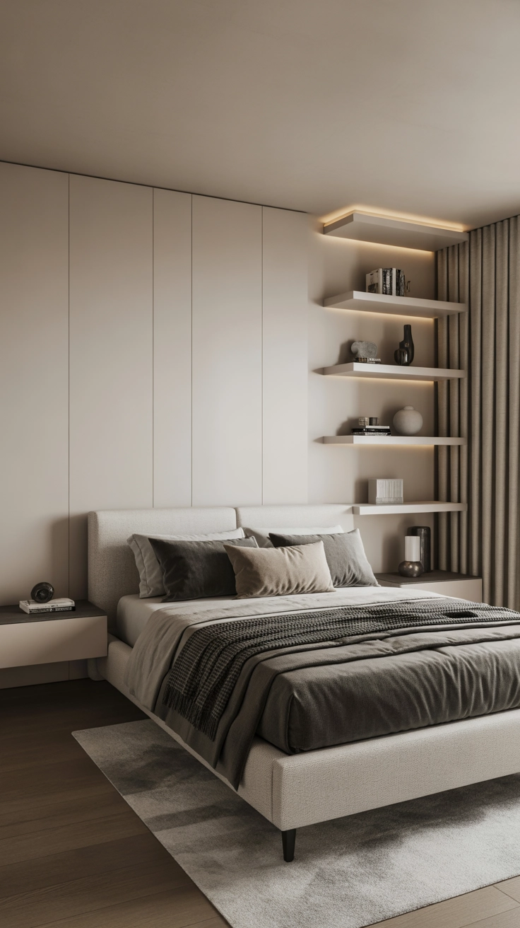 A modern bedroom with floating nightstands and floating shelves, minimalist bed setup, neutral colors, soft lighting, sleek contemporary design, Pinterest interior aesthetic