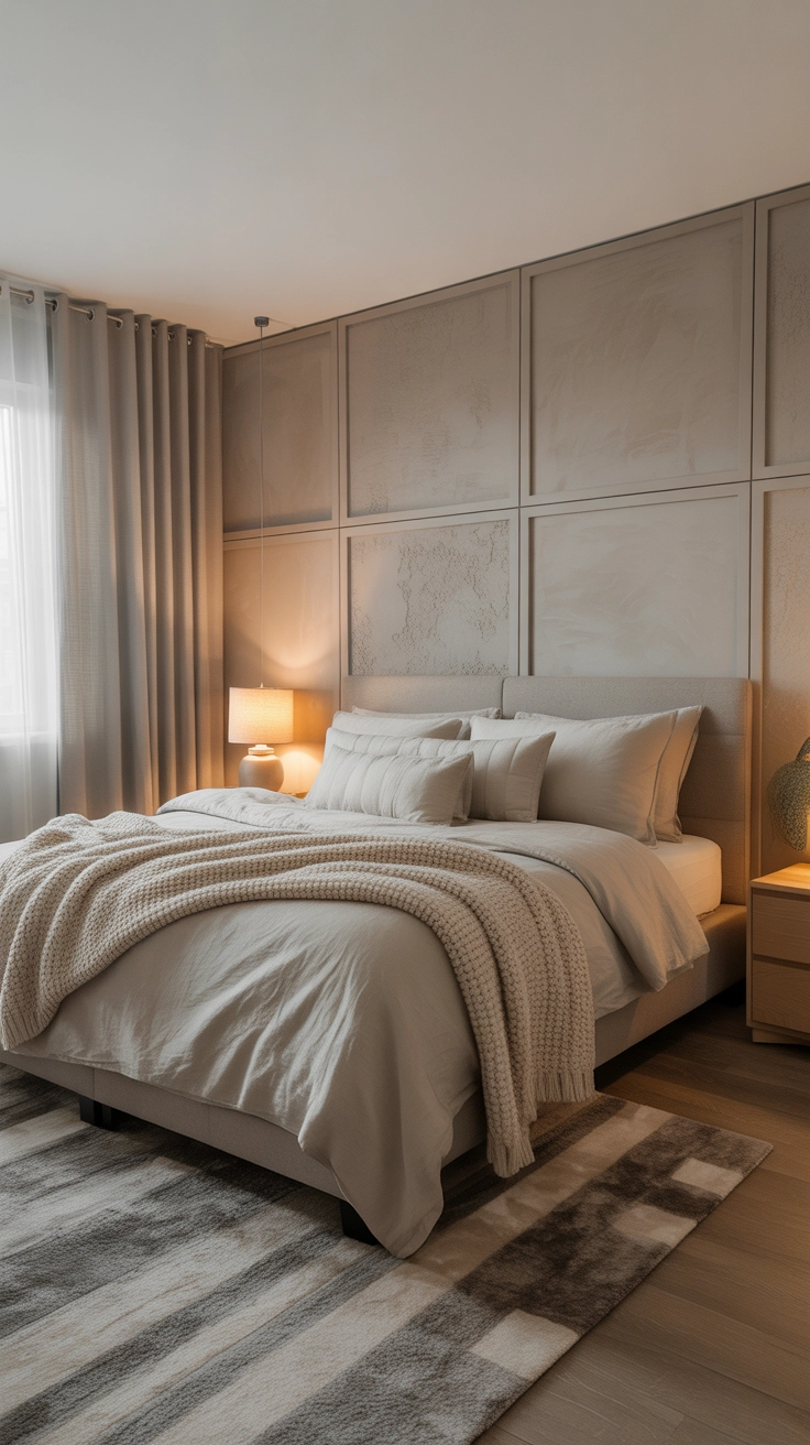 A modern bedroom with textured wall panels, linen bedding, knit blankets, plush rugs, soft neutral tones, warm lighting, Pinterest aesthetic interior photography