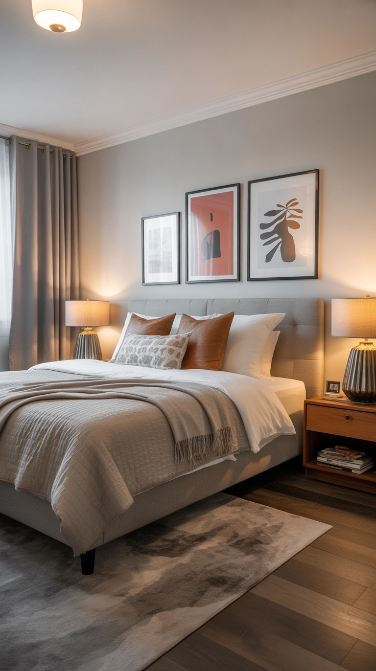 A modern bedroom with stylish gallery wall above the bed, framed art prints, neutral bedding, cozy lighting, contemporary decor, Pinterest aesthetic bedroom photography