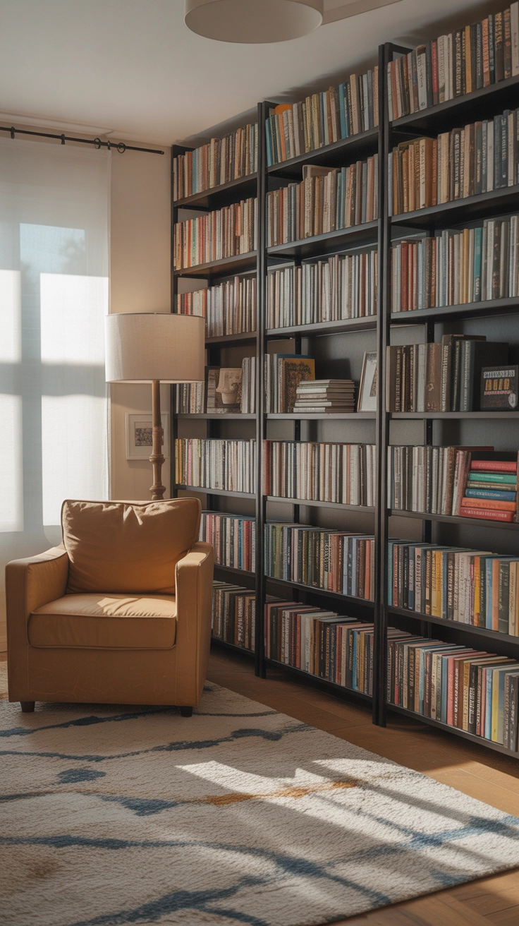 "Pinterest-style aesthetic image showing a home library with floor-to-ceiling bookshelves filled with colorful books, cozy armchair, warm wood tones, soft natural lighting, bright colors, cozy lifestyle photography, modern composition, ultra detailed, vertical format"