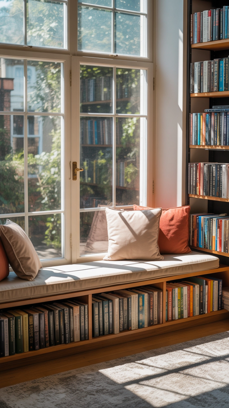 "Pinterest-style aesthetic image showing a cozy library window seat with soft cushions, stacked books, sunlight streaming through large window, bright colors, cozy lifestyle photography, modern composition, ultra detailed, vertical format"