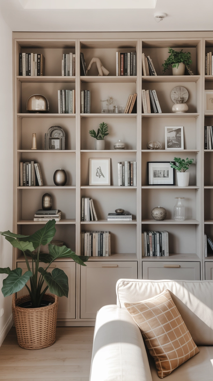 "Pinterest-style aesthetic image showing elegant built-in bookshelves in a modern library room, neutral tones, decorative books and plants, soft natural lighting, bright colors, cozy lifestyle photography, modern composition, ultra detailed, vertical format"