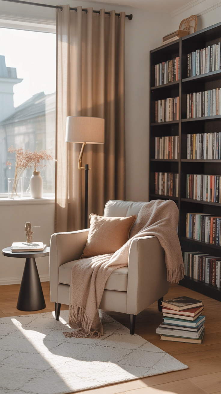 "Pinterest-style aesthetic image showing a cozy armchair reading corner in a home library with soft blanket, small side table, books stacked nearby, warm lighting, bright colors, cozy lifestyle photography, modern composition, ultra detailed, vertical format"