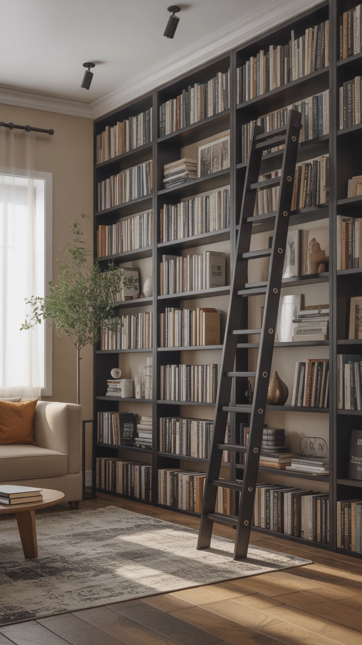 "Pinterest-style aesthetic image showing a stylish home library with rolling ladder against tall bookshelves, elegant design, bright colors, cozy lifestyle photography, modern composition, ultra detailed, vertical format"