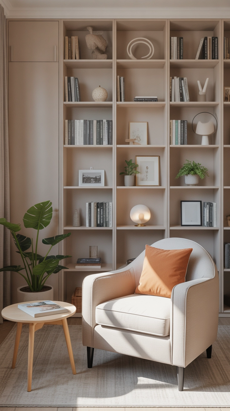 "Pinterest-style aesthetic image showing a neutral-toned home library with beige walls, soft lighting, minimal decor, cozy reading chair, bright colors accents, cozy lifestyle photography, modern composition, ultra detailed, vertical format"