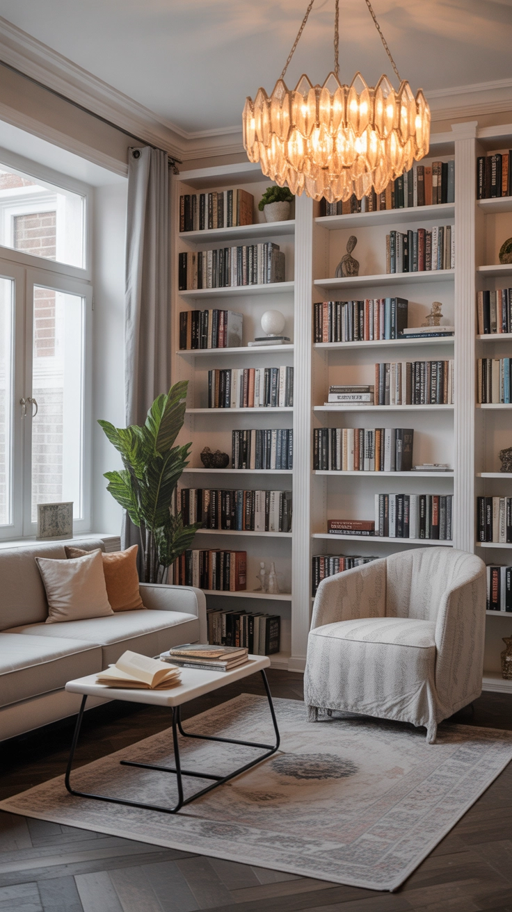 "Pinterest-style aesthetic image showing elegant home library with statement chandelier, tall bookshelves, cozy reading furniture, bright colors, cozy lifestyle photography, modern composition, ultra detailed, vertical format"