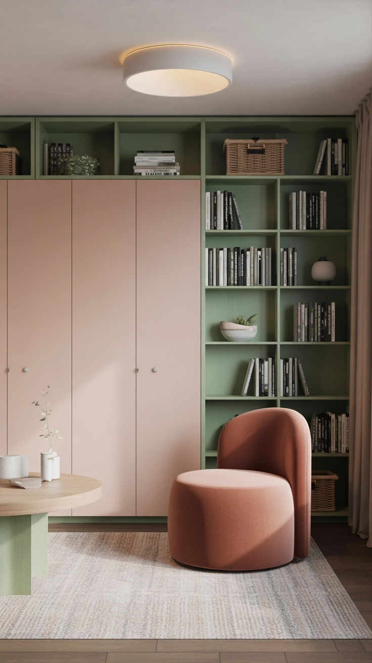 "Pinterest-style aesthetic image showing modern library room with hidden storage cabinets, organized shelves, cozy seating area, bright colors, cozy lifestyle photography, modern composition, ultra detailed, vertical format"