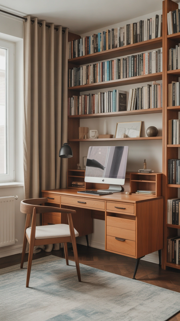 "Pinterest-style aesthetic image showing home library with wooden writing desk, bookshelves behind, cozy reading environment, bright colors, cozy lifestyle photography, modern composition, ultra detailed, vertical format"