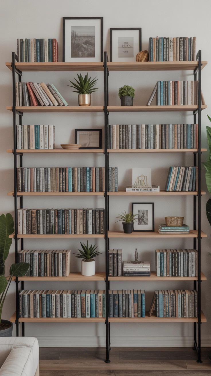 "Pinterest-style aesthetic image showing styled library shelves with books arranged aesthetically, small plants, framed art, bright colors, cozy lifestyle photography, modern composition, ultra detailed, vertical format"