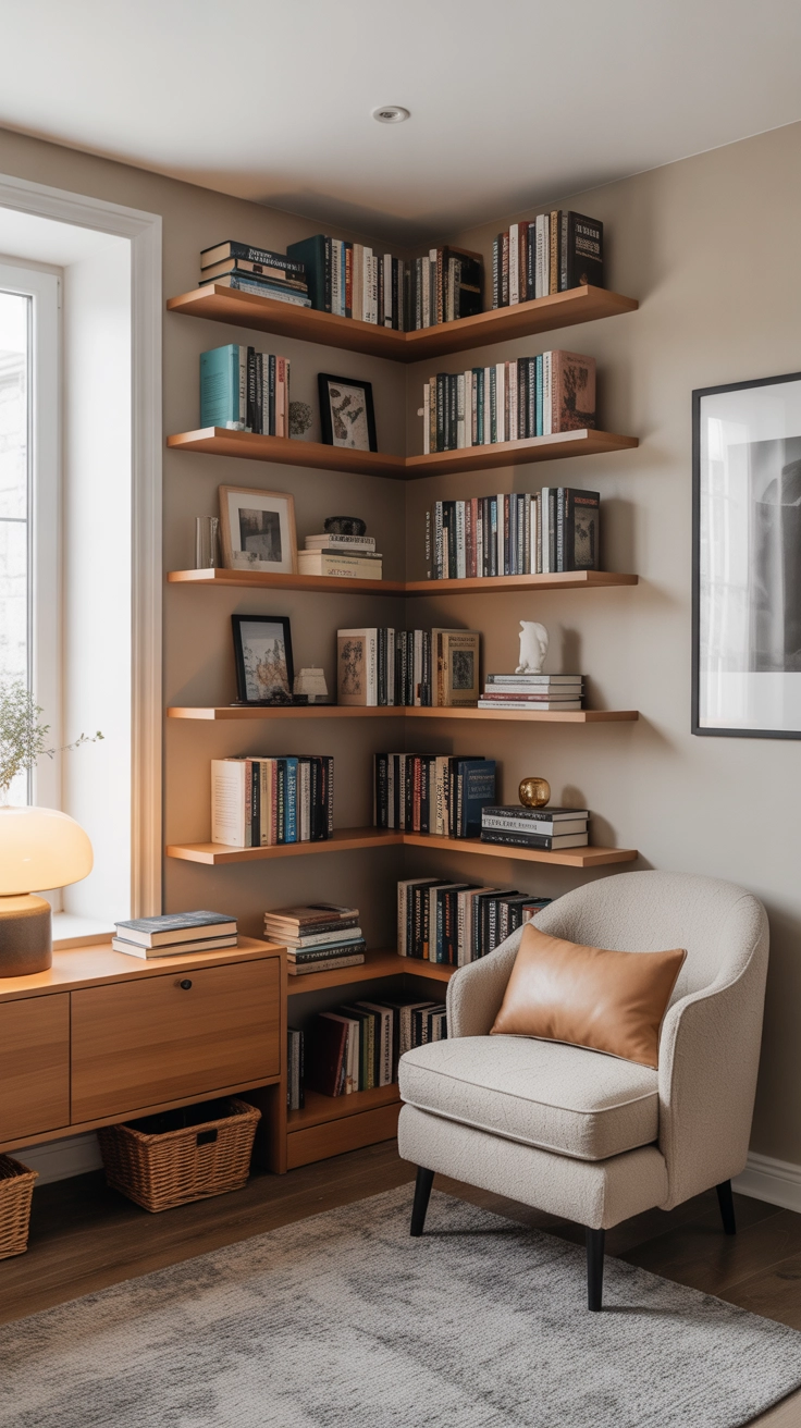 "Pinterest-style aesthetic image showing small corner home library with compact bookshelves, cozy chair, warm lighting, bright colors, cozy lifestyle photography, modern composition, ultra detailed, vertical format"