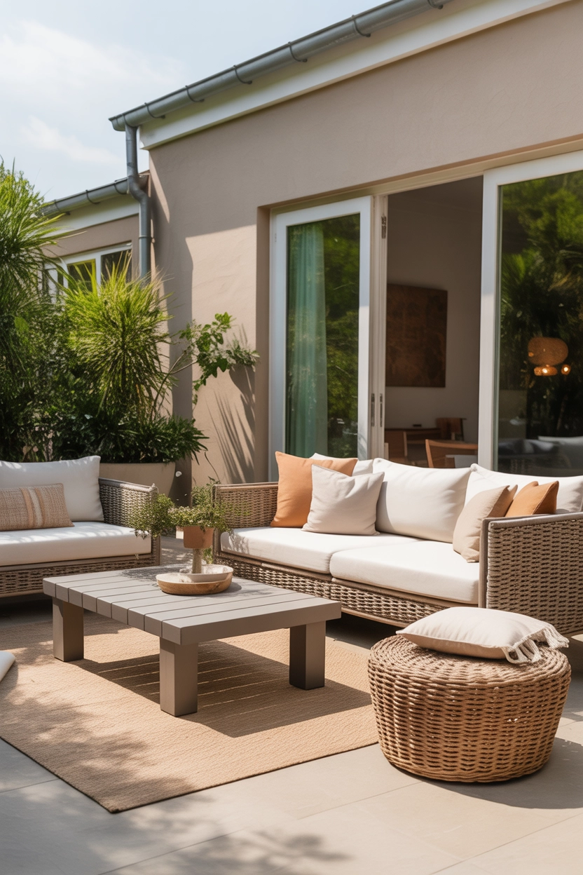 "Pinterest-style aesthetic image showing a cozy outdoor patio lounge with cushioned sofas, neutral pillows, woven throws, soft natural lighting, bright colors, cozy lifestyle photography, modern composition, ultra detailed, vertical format"