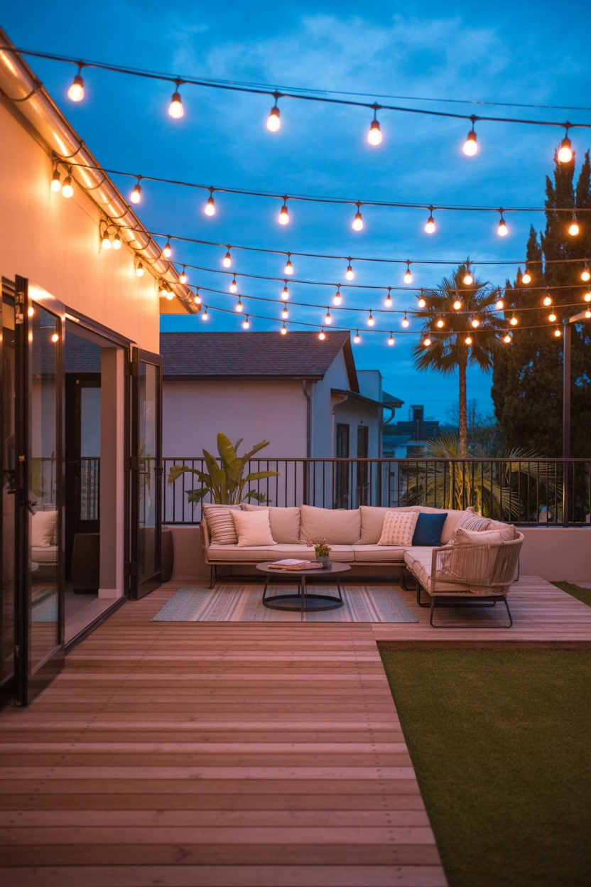 "Pinterest-style aesthetic image showing an outdoor patio with glowing string lights overhead, cozy seating area, warm evening atmosphere, bright colors, aesthetic lifestyle photography, modern composition, ultra detailed, vertical format"