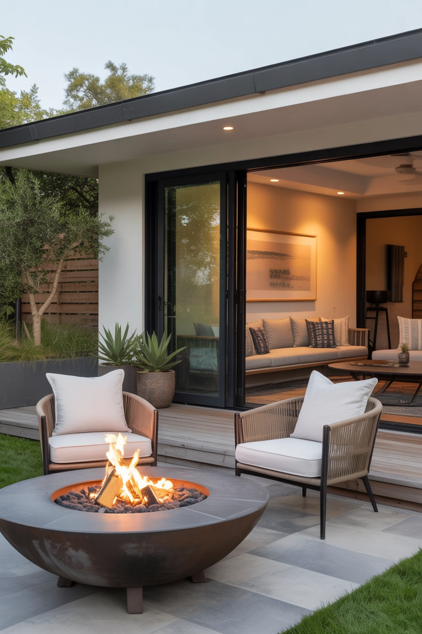 "Pinterest-style aesthetic image showing outdoor patio fire pit seating area with cozy chairs, warm glowing fire, modern patio design, bright colors, aesthetic lifestyle photography, ultra detailed, vertical format"