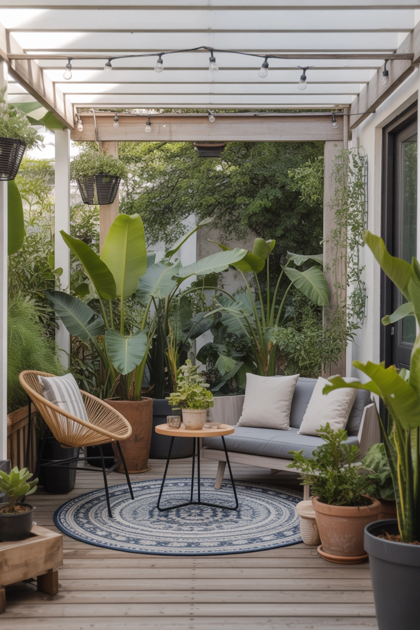 "Pinterest-style aesthetic image showing outdoor patio filled with potted plants, lush greenery, modern patio decor, bright natural lighting, cozy lifestyle photography, ultra detailed, vertical format"