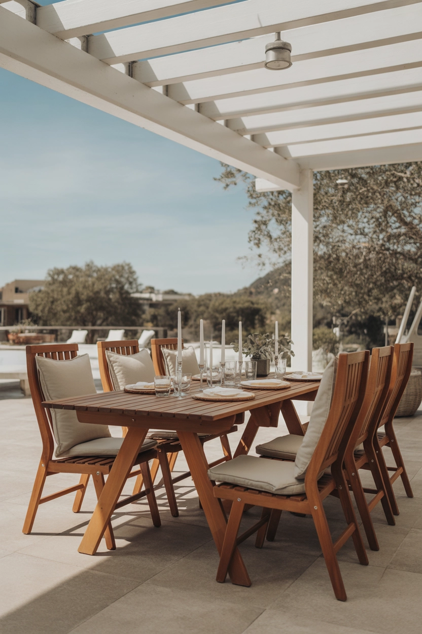 "Pinterest-style aesthetic image showing outdoor patio dining setup with wooden table, chairs, candles, bright natural lighting, aesthetic lifestyle photography, modern clean composition, vertical format"