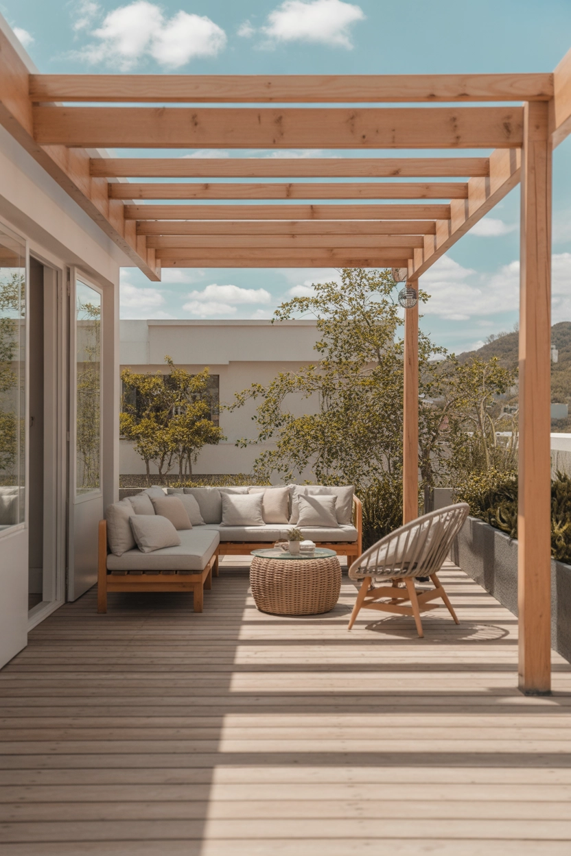"Pinterest-style aesthetic image showing modern patio with wooden pergola, cozy seating, soft natural lighting, bright colors, aesthetic lifestyle photography, ultra detailed, vertical format"