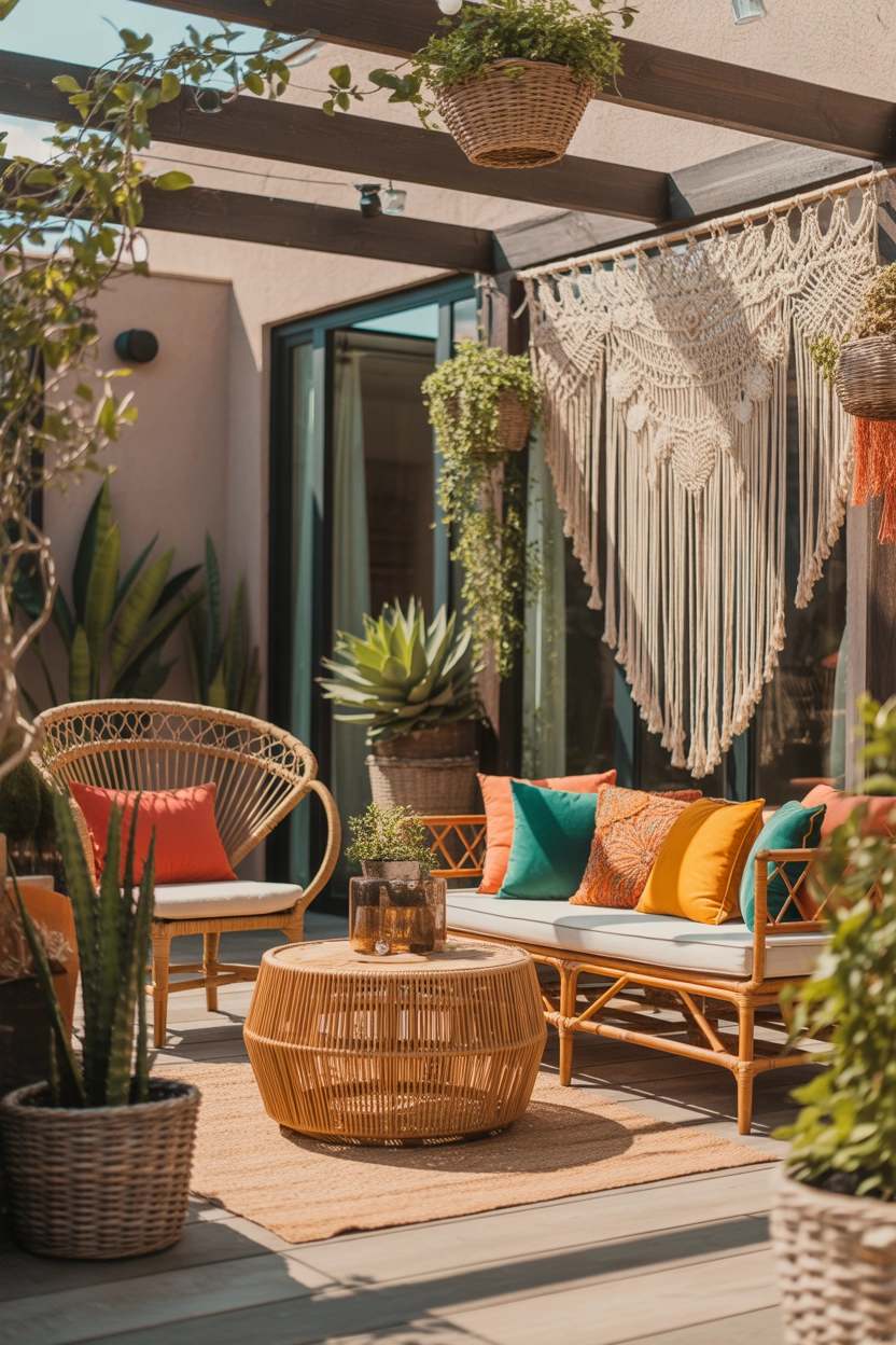"Pinterest-style aesthetic image showing boho outdoor patio with rattan furniture, colorful pillows, macrame decor, bright colors, cozy lifestyle photography, modern composition, vertical format"