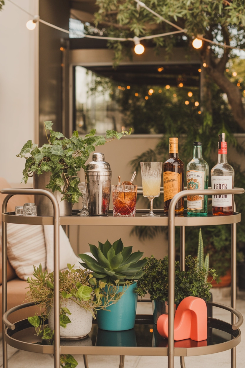 "Pinterest-style aesthetic image showing stylish outdoor patio bar cart with drinks, glasses, plants, bright colors, cozy lifestyle photography, modern composition, vertical format"