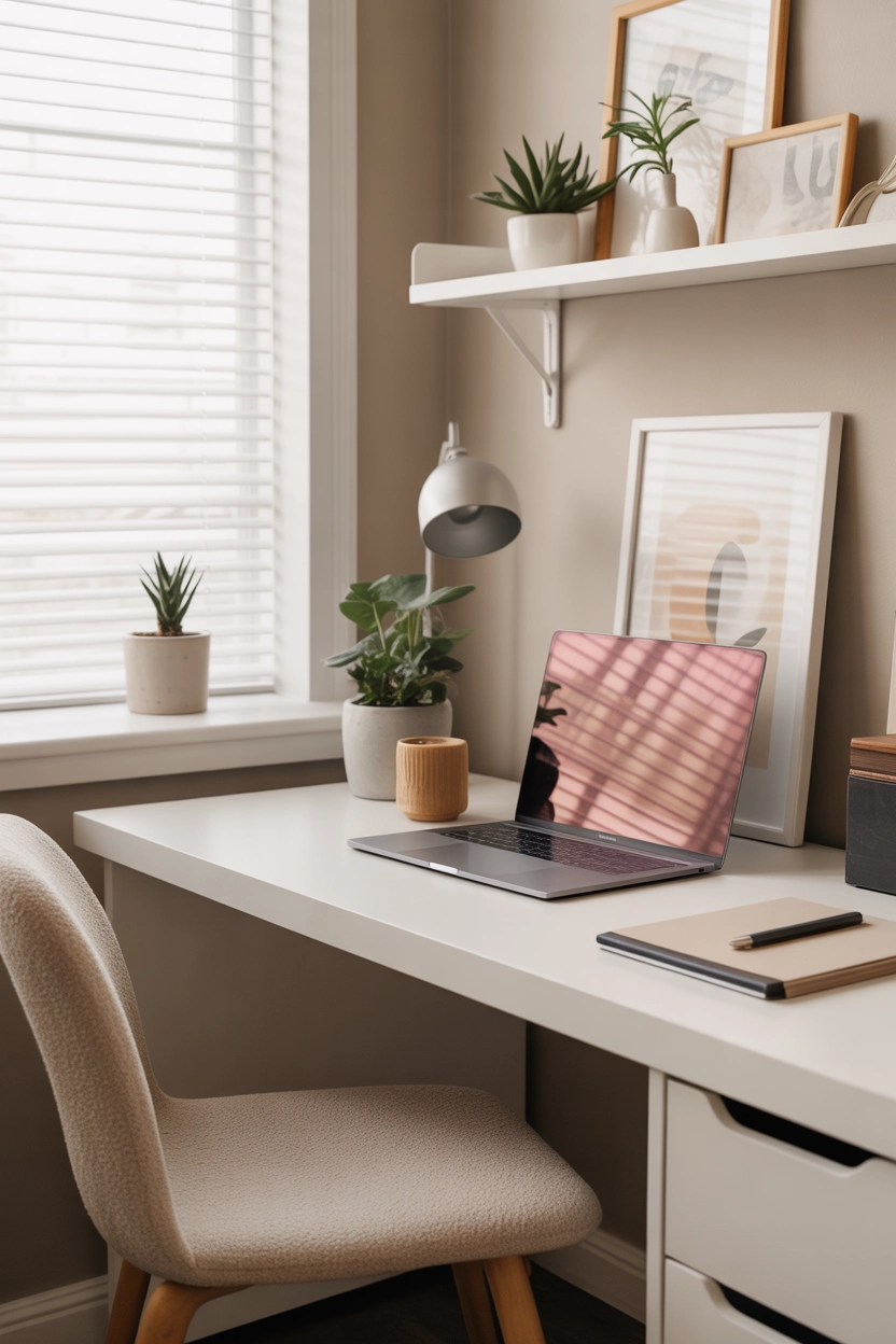 "Pinterest-style aesthetic image showing a minimalist desk setup with a sleek white desk, laptop, small plant, neutral decor, soft natural lighting, bright colors, cozy lifestyle photography, modern composition, ultra detailed, vertical format"