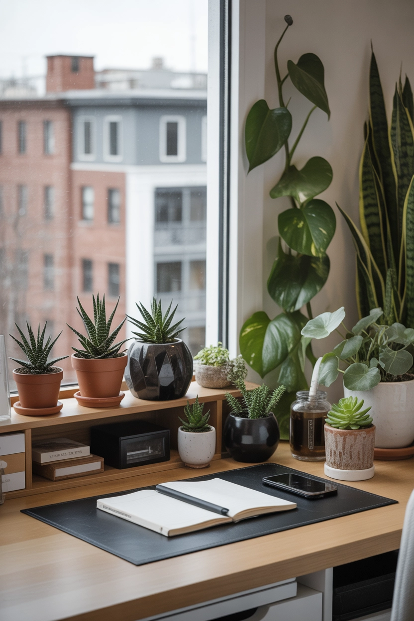 "Pinterest-style aesthetic image showing a cozy desk decorated with small indoor plants like succulents and pothos, bright natural lighting, modern aesthetic workspace, cozy lifestyle photography, ultra detailed, vertical format"