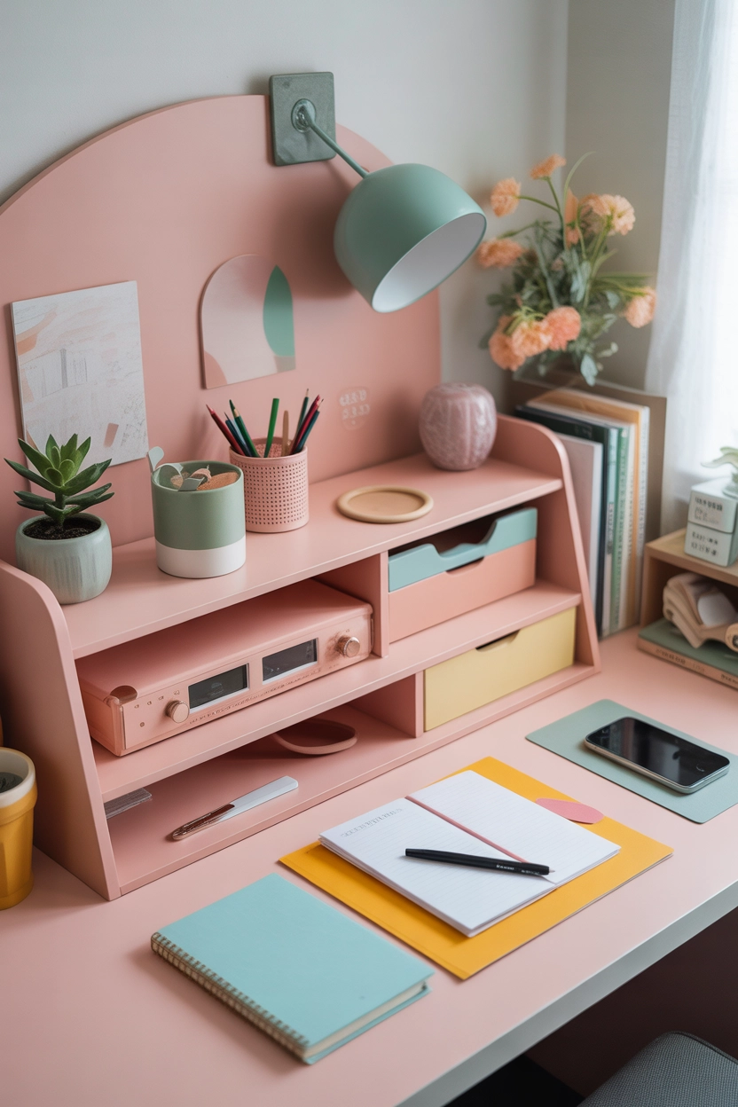"Pinterest-style aesthetic image showing a color-coordinated desk setup with matching stationery, pastel accessories, organized workspace, bright colors, modern composition, cozy lifestyle photography, ultra detailed, vertical format"