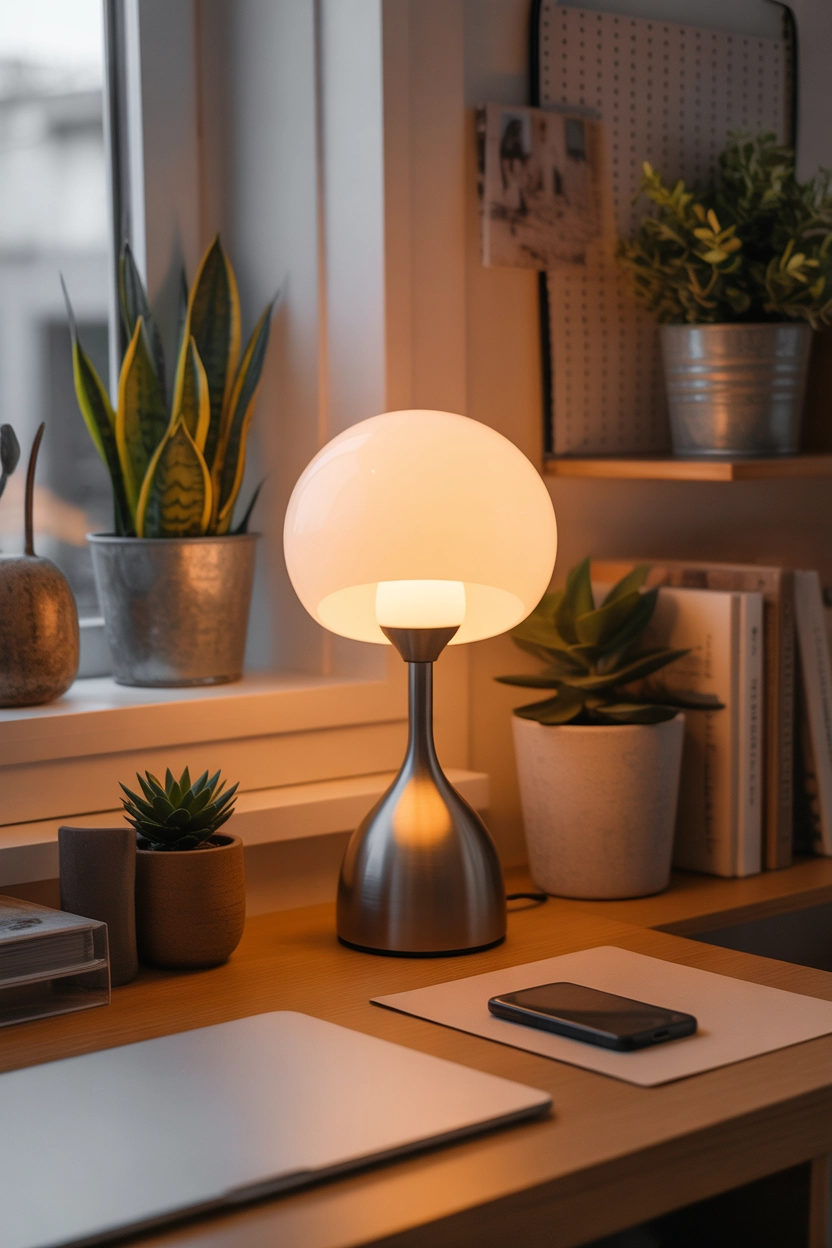 "Pinterest-style aesthetic image showing a modern stylish desk lamp on a cozy workspace desk with warm lighting, bright colors, modern aesthetic composition, cozy lifestyle photography, ultra detailed, vertical format"