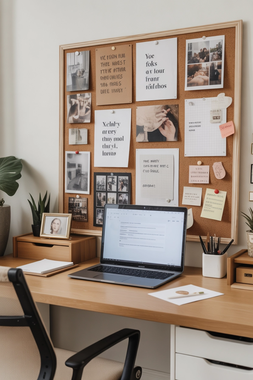 "Pinterest-style aesthetic image showing a desk with a corkboard filled with inspirational quotes, photos, and notes above the workspace, bright natural lighting, cozy lifestyle photography, ultra detailed, vertical format"