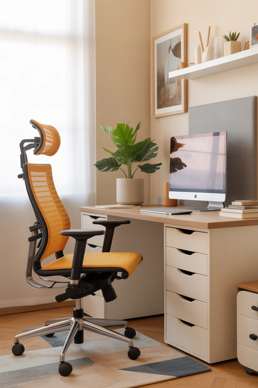 "Pinterest-style aesthetic image showing a stylish ergonomic desk chair paired with a cozy modern workspace desk setup, bright colors, lifestyle photography, modern composition, ultra detailed, vertical format"